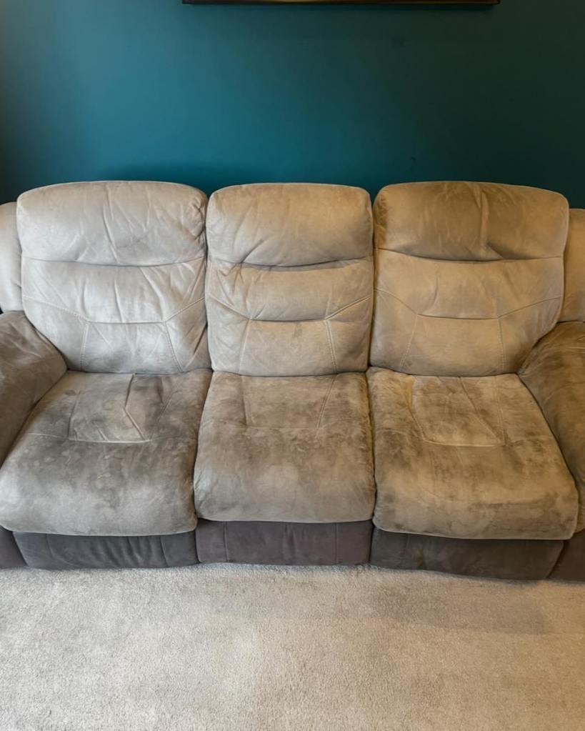 cream leather sofa full of dirt and marks before cleaning
